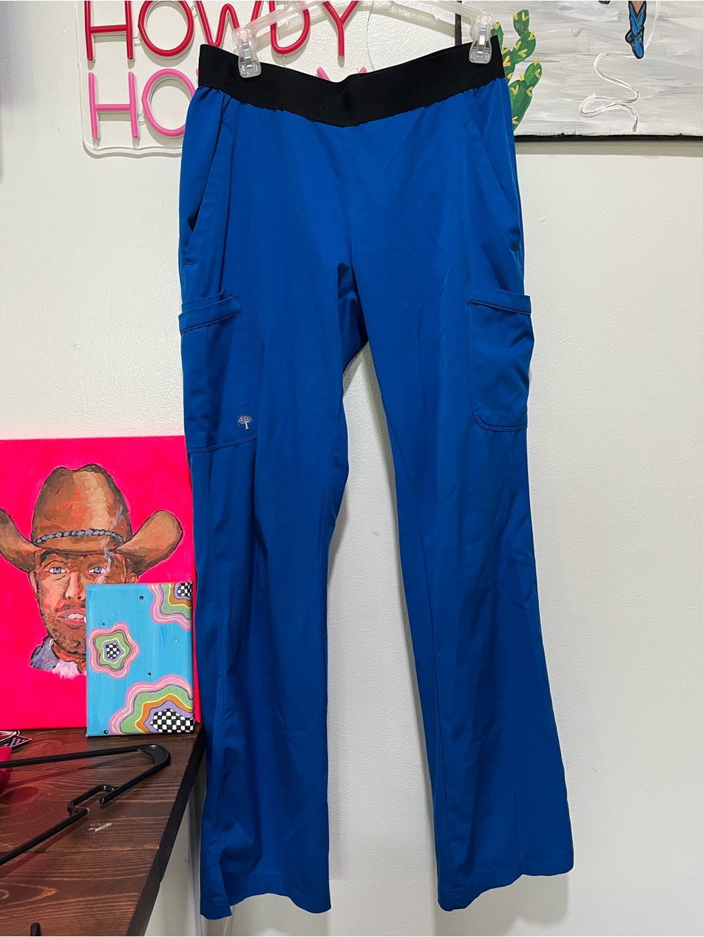 healing hands Royal Blue Boot-Cut Scrub Pants with Black Waistband